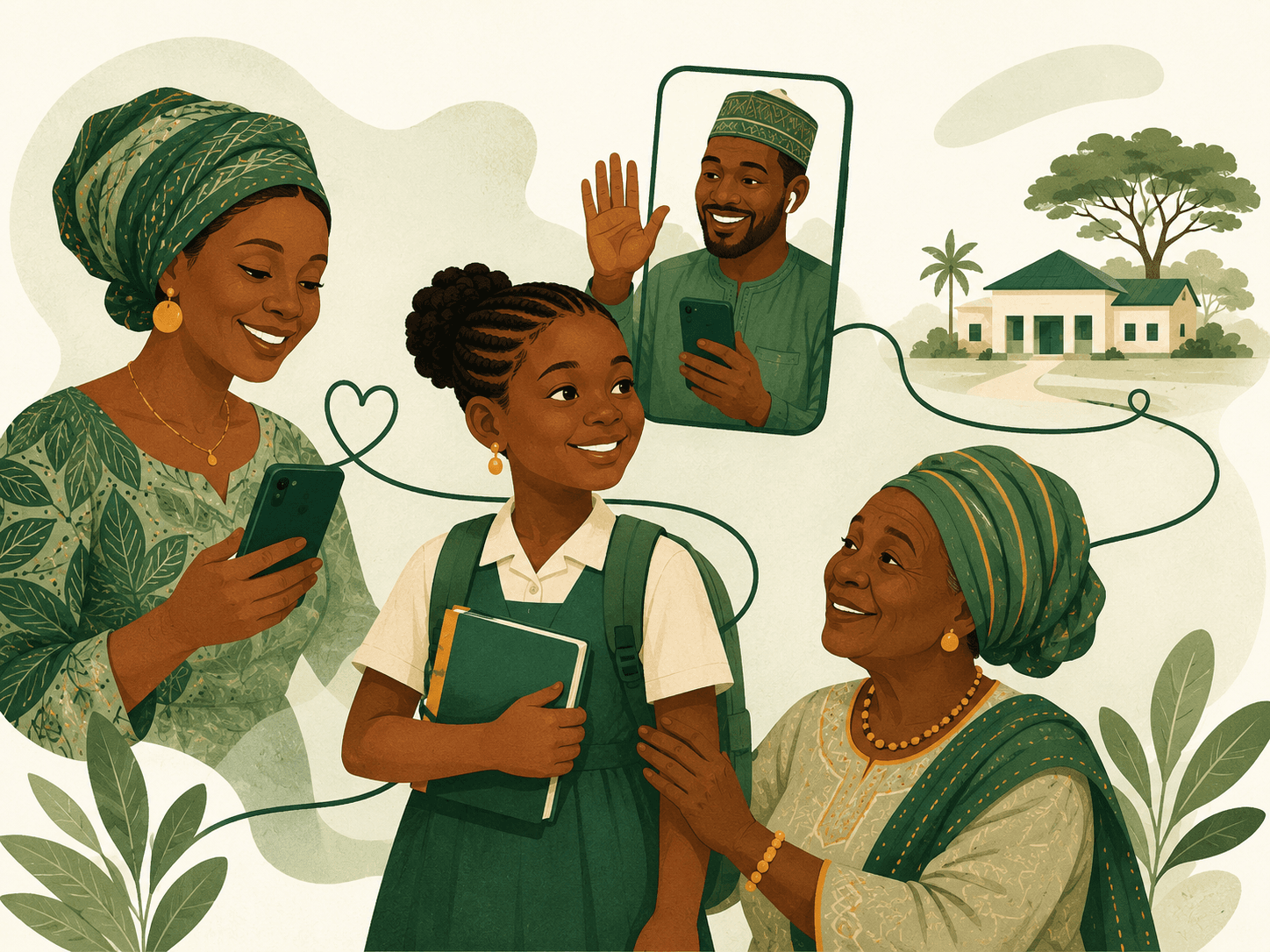 A schoolchild surrounded by family paying together, including a relative on a video call