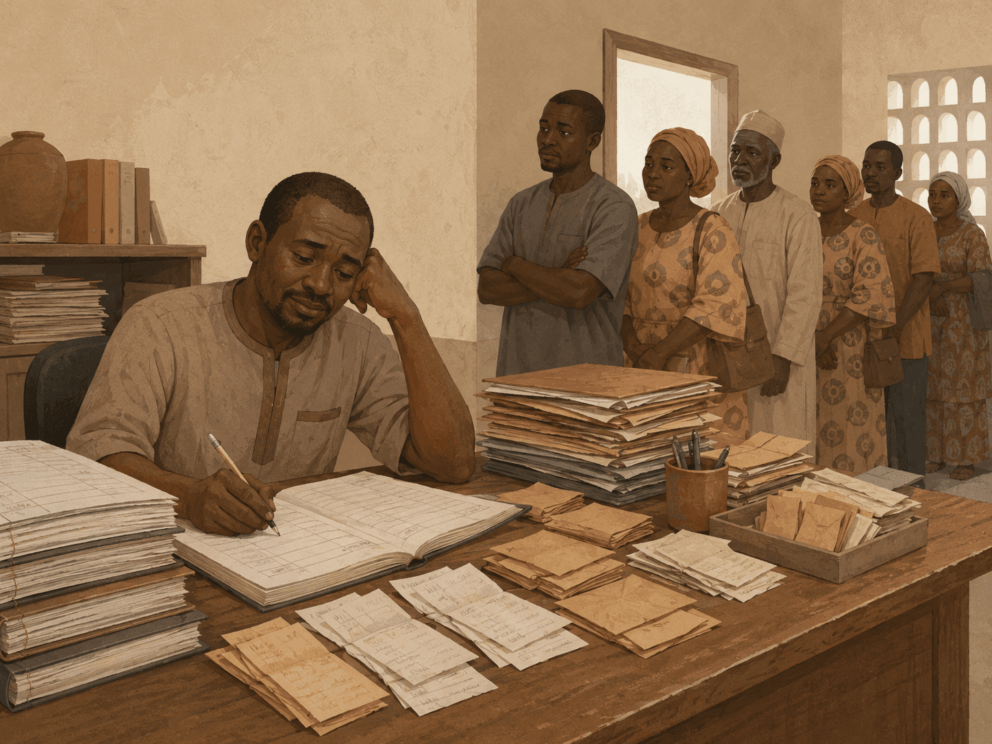 A bursar buried in ledger books while parents queue