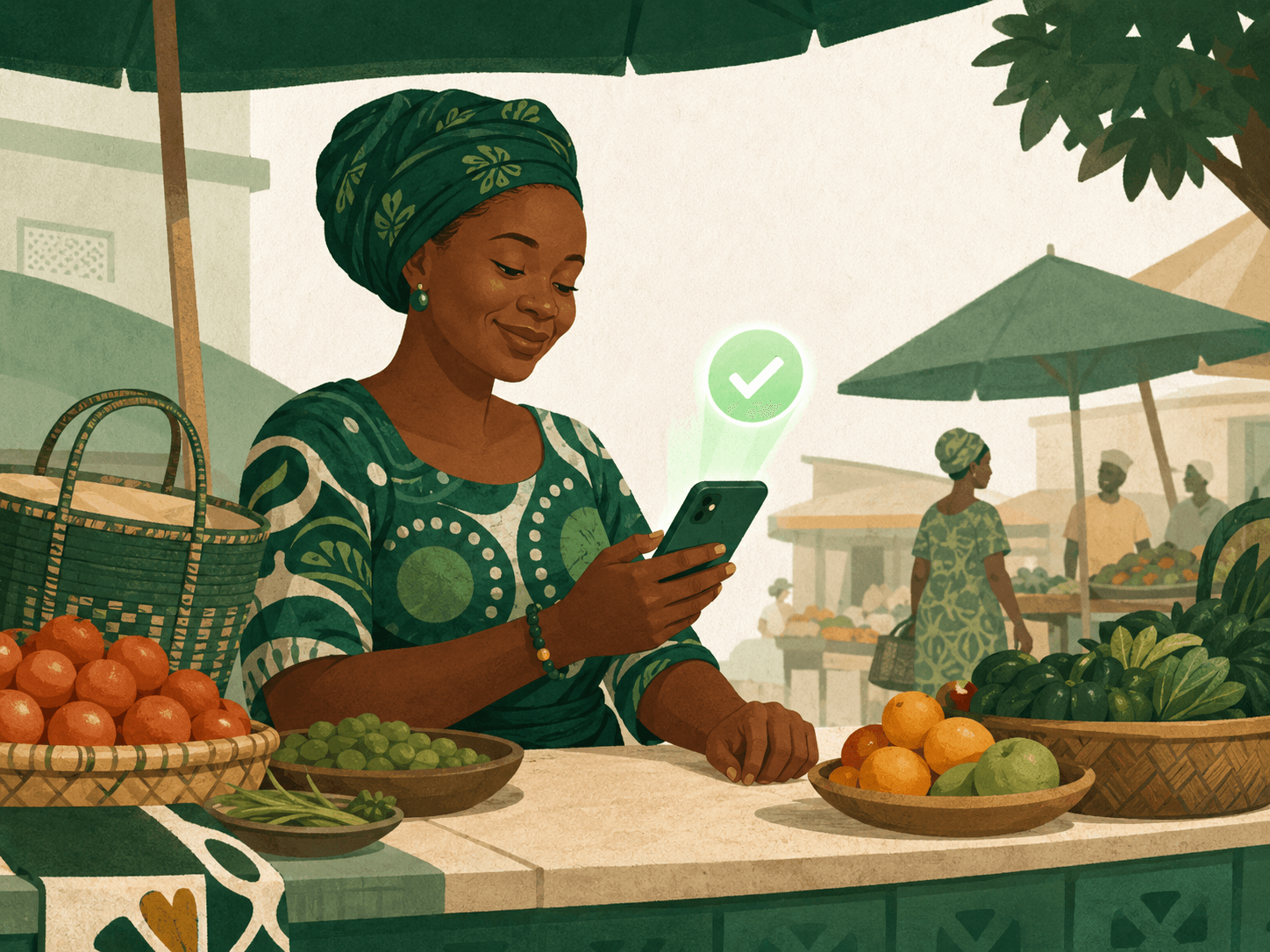 A market trader paying school fees from her phone at her stall
